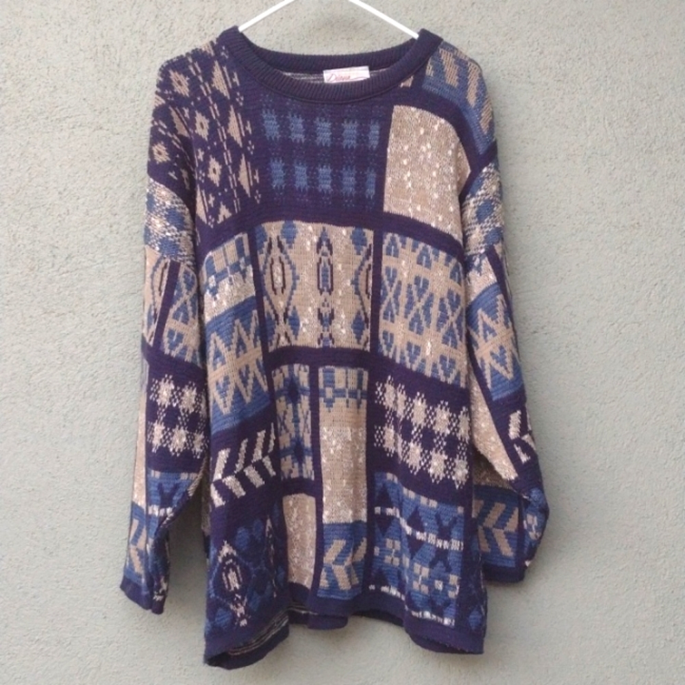 Vintage Grandpa Sweater Geometric Navy XL